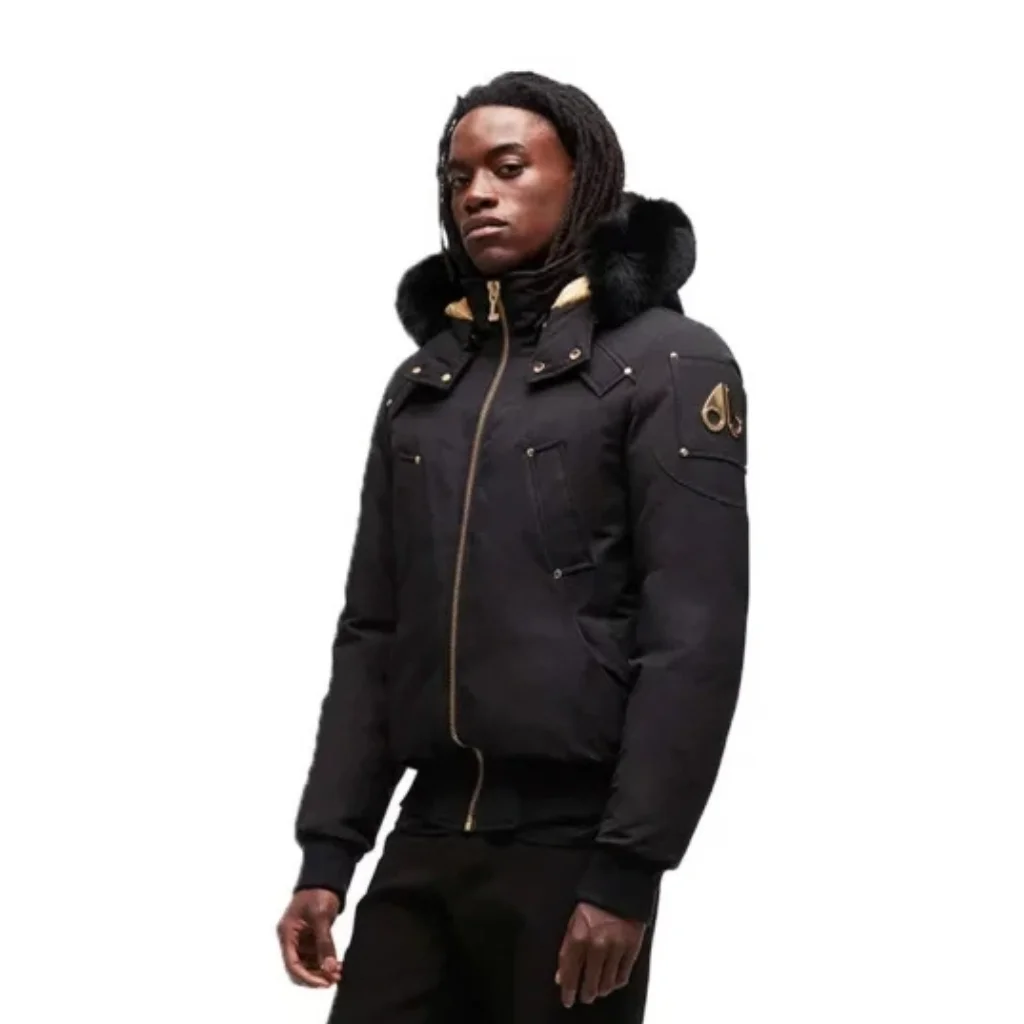 black-hooded-jacket-front-view Black windproof hooded jacket with fur-lined hood and front zip
