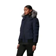Navy windproof hooded jacket with fur-lined hood shown from the front